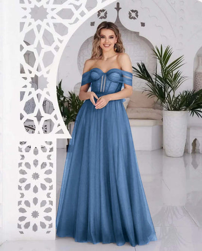 Hellodresses Tulle Off the Shoulder Sweetheart Sleeveless Royal Blue Prom Dress