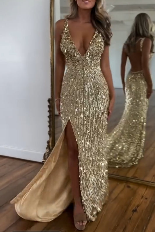 Charming Gold Sequins Spaghetti Strap Sleeveless V Neck Long Prom Dress with Split | Zelldresses