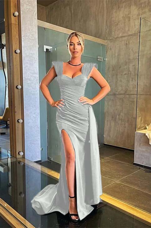 Black Sweetheart Short Sleeves Long Mermaid Split Prom Dress With Ruffles PD0494