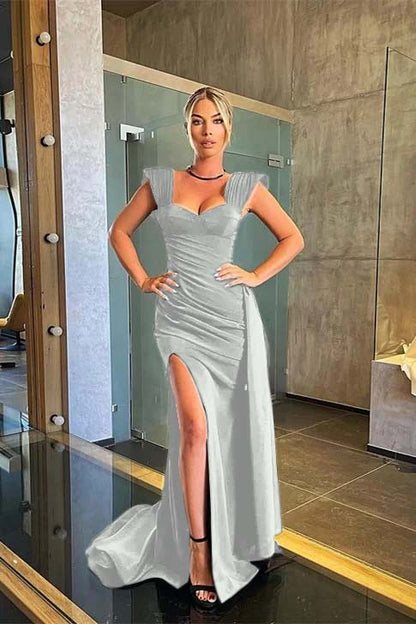 Black Sweetheart Short Sleeves Long Mermaid Split Prom Dress With Ruffles PD0494