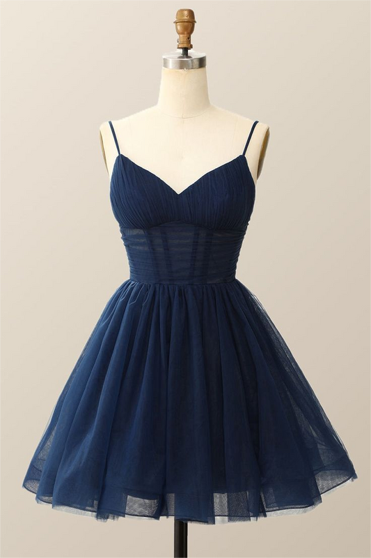 Dark Navy Tulle Spaghetti Strap Sleeveless Pleated A-Line Homecoming Dress HC0019
