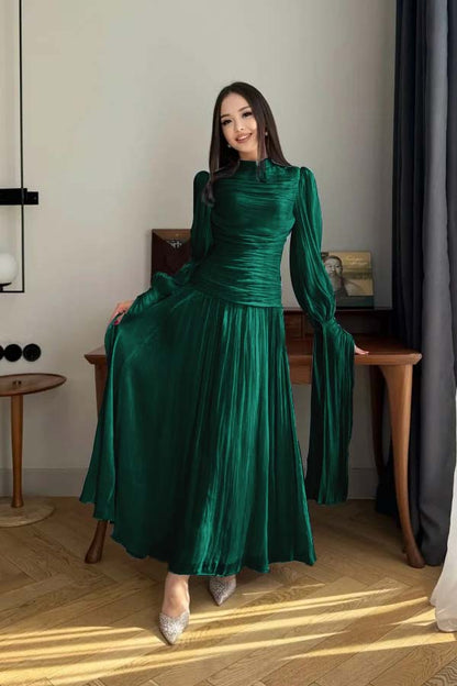 Playful Blue High-Neck Prom Dress Long Sleeves Pleated Floor Length CY0252