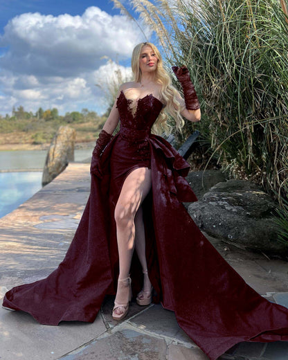 Strapless Sleeveless Long Split Prom Dress With Gloves Beading YB0072