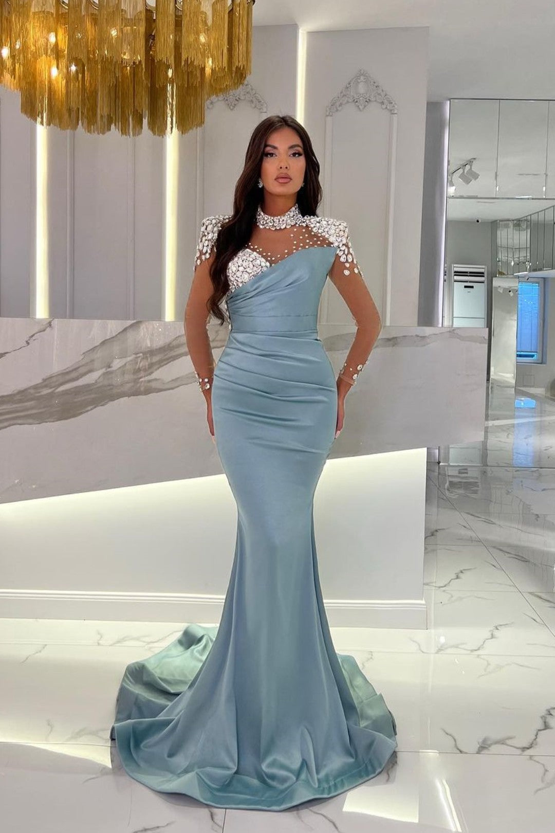 Charmeuse Dusty Blue Prom Dress Long Mermaid Tulle With Beads YL0259