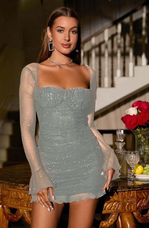 Sequins Long Sleeves Square Short Homecoming Dress With Ruffles HC0145
