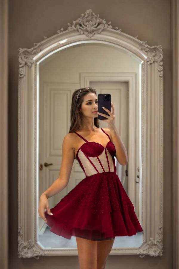 Hellodresses Sky Blue Spaghetti Strap Sweetheart Short Homecoming Dress With Sequins