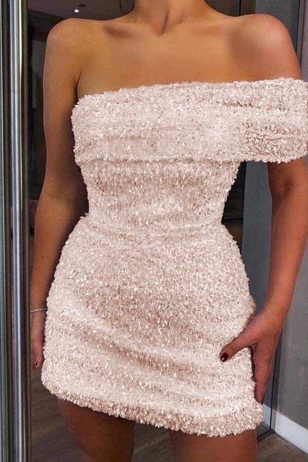 White Sequins One Shoulder Strapless Pleated Short Homecoming Dress with Beadings HC0016