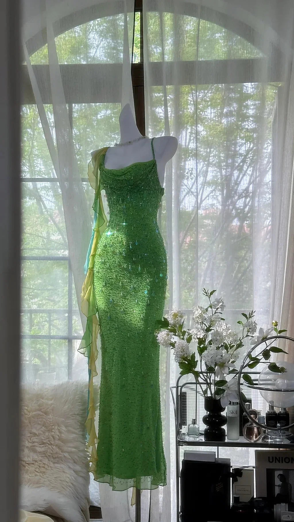 Shiny Sheath Spaghetti Strap Sequin Beaded Green Chiffon Open Back Party Dress Evening Dress SH2874