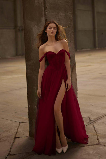 Beautiful Ivory Tulle Strapless Off the Shoulder Long Split Prom Dress with Ruffles | Zelldresses