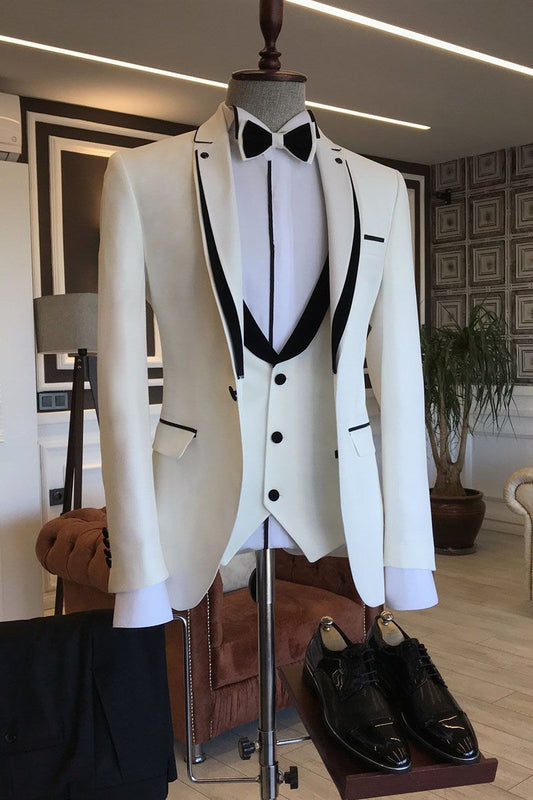Chic Black Designer White Notched Lapel Wedding Suits For Groom | Zelldresses