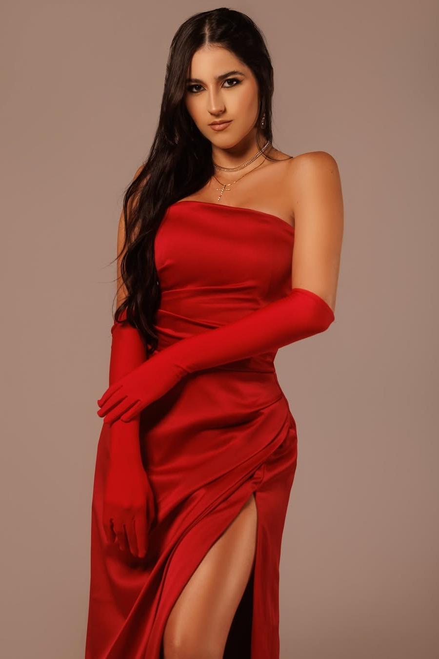 Beautiful Red Satin Strapless Sleeveless Long Split Prom Dress with Gloves | Zelldresses