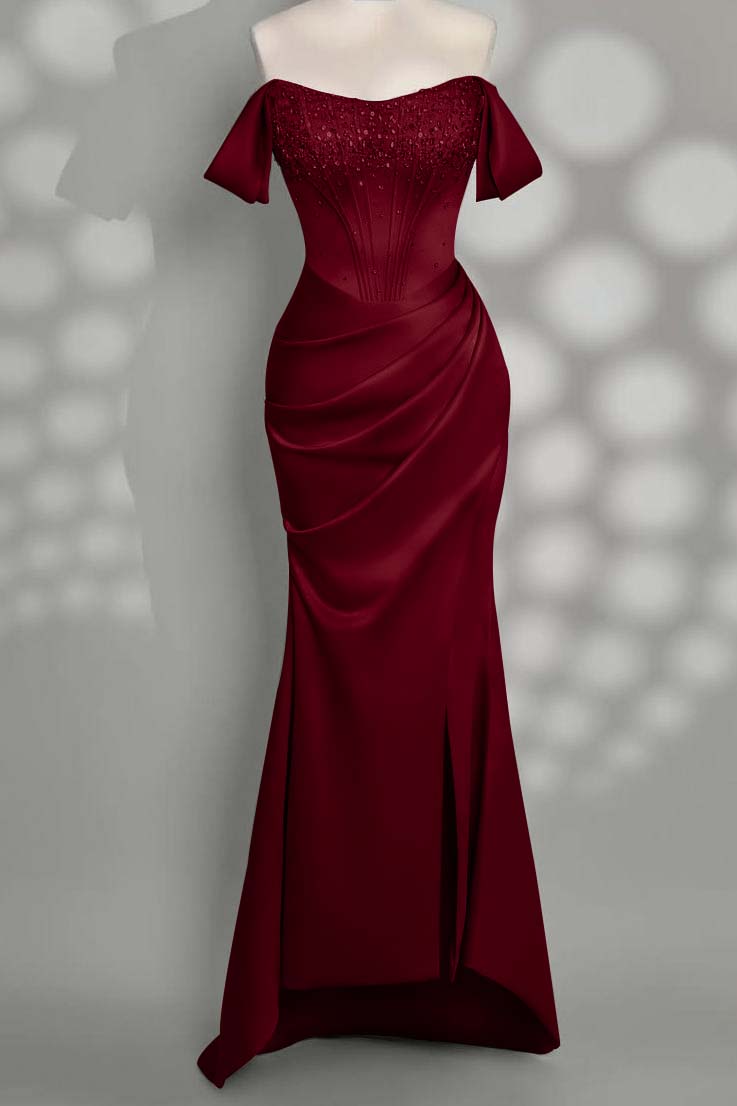 Charming Taupe Satin Off the Shoulder Strapless Long Split Prom Dress with Beadings | Zelldresses