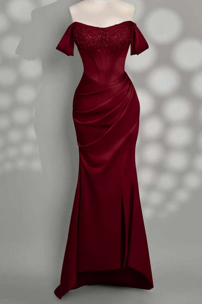 Charming Taupe Satin Off the Shoulder Strapless Long Split Prom Dress with Beadings | Zelldresses