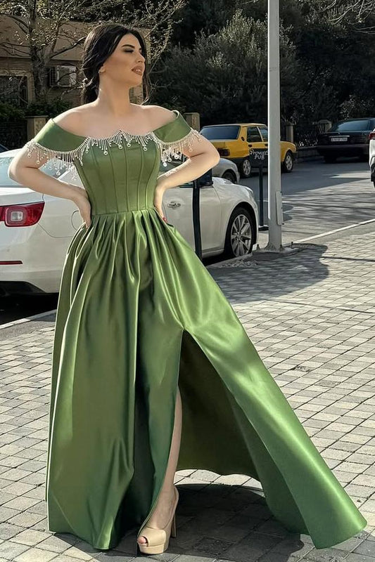 Off the Shoulder Sleeveless Long Split Prom Dress With Pleated Beading XJ0674