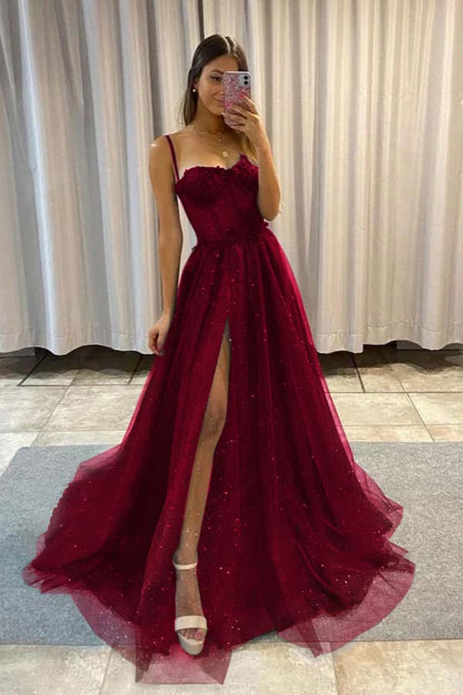 Spaghetti Strap Sleeveless Long Split Prom Dress With Sequins YC0151