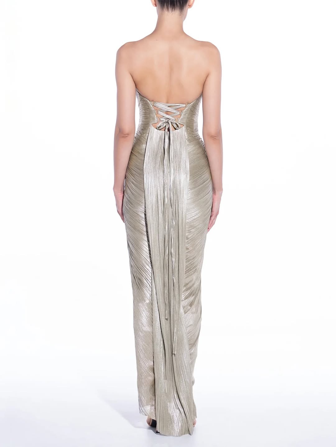 Charming Silver V Neck Sleeveless Pleated Split Prom Dress with Train | Zelldresses