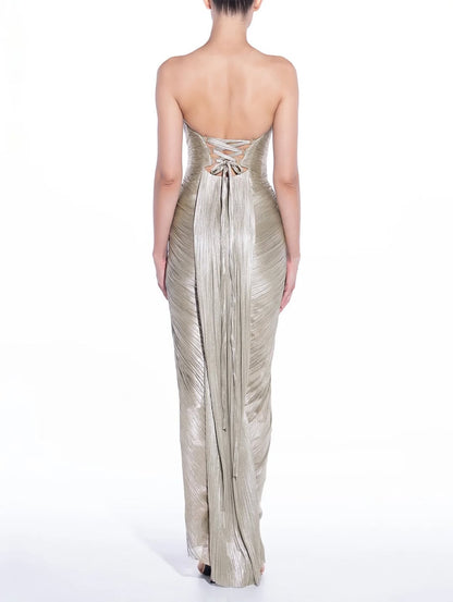 Charming Silver V Neck Sleeveless Pleated Split Prom Dress with Train | Zelldresses