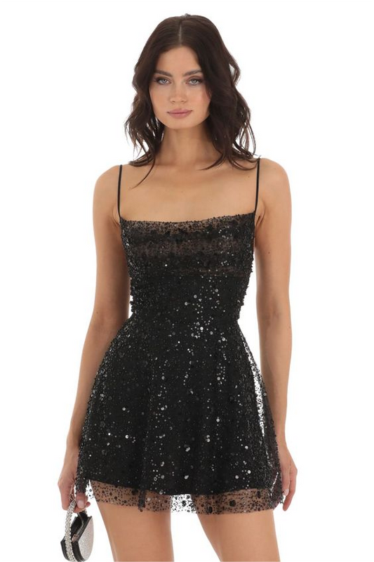 Chic Black Spaghetti Strap Sleeveless Short Homecoming Dress With Beadings HC0015