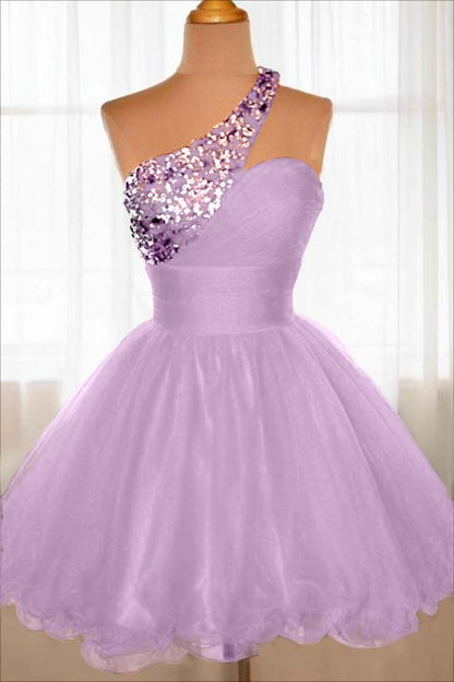 Red Tulle Sleeveless One Shoulder Ruffles Short Homecoming Dress with Sequins