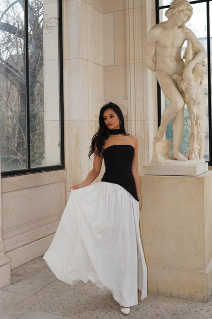 Elegant Black White Satin Strapless Sleeveless Long Split Prom Dress with Scarf | Zelldresses