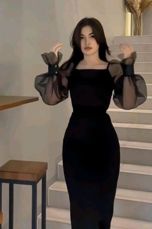 Hellodresses Charming Black Square Neck Long Sleeves Side Split Prom Dress With Beadings