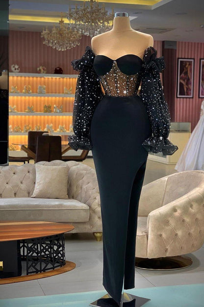 Black Sweetheart Off the Shoulder Long Sleeves Split Prom Dress With Sequins XJ0214