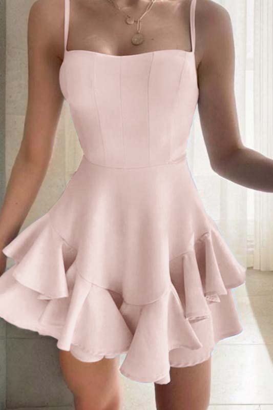 Slim Sky Blue Satin Spaghetti Strap Sleeveless Short Homecoming Dress With Ruffles HC0044