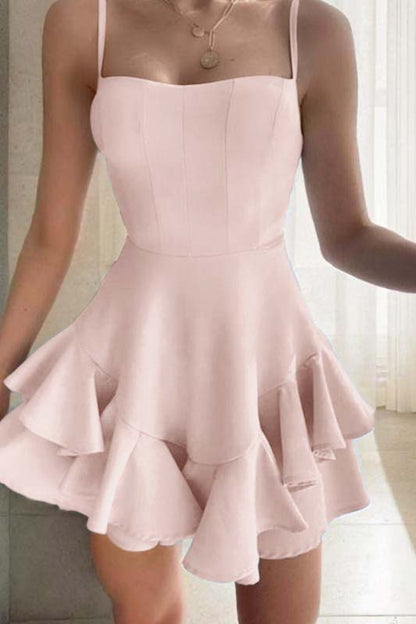 Slim Sky Blue Satin Spaghetti Strap Sleeveless Short Homecoming Dress With Ruffles HC0044