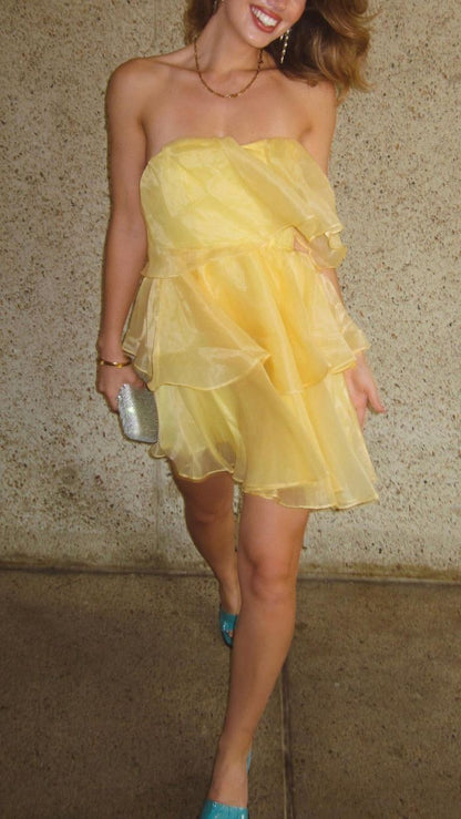 Cute A Line Strapless Yellow Tiered Organza Short Homecoming Birthday Dress Cocktail Dresses SH2903