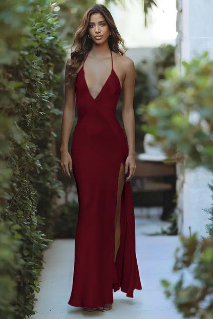 Halter Deep V Neck Sleeveless Backless Long Split Prom Dress XJ0378