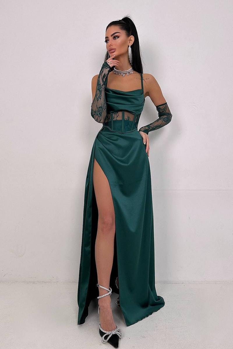 Chic Black Satin Halter Strapless Sleeveless Lace Split Prom Dress with Gloves | Zelldresses