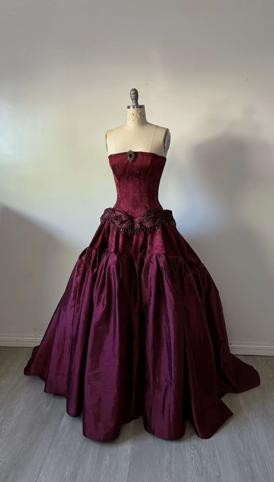 zelldressess-- Burgundy vintage long satin dress gh5727