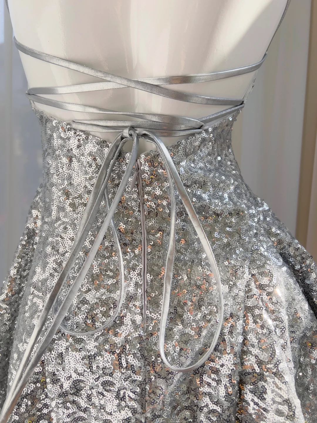 Shiny A Line Spaghetti Strap Silver Sequin Short Open Back Homecoming Dress Cocktail Dress SH3005