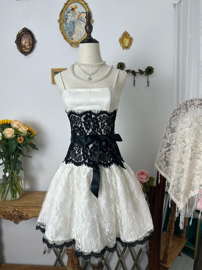 Cute A Line Strapless Bow Black White Lace Short Homecoming Dress Cocktail Dress SH3002