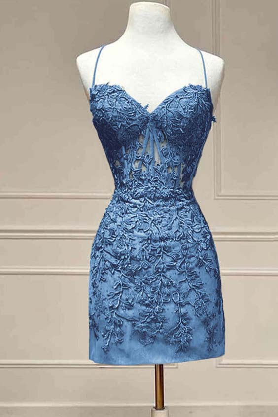 Hellodresses Royal Blue Spaghetti Strap Sleeveless Short Homecoming Dress With Embroidery
