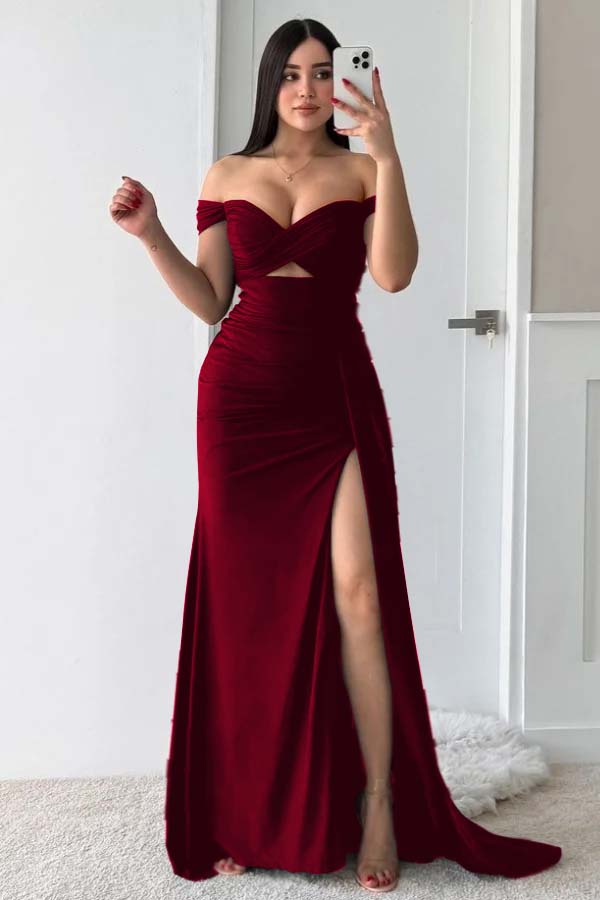 Off the Shoulder Sleeveless Long Split Prom Dress With Pleated CY0037