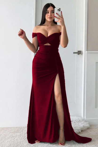 Off the Shoulder Sleeveless Long Split Prom Dress With Pleated CY0037