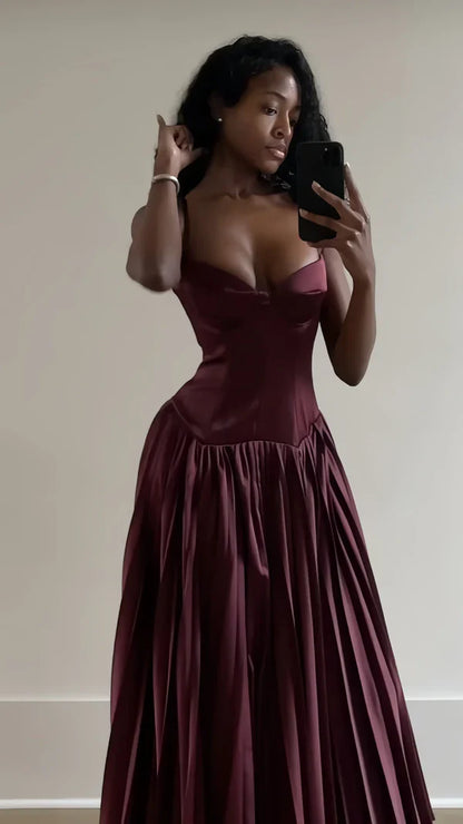 Stunning A Line Spaghetti Strap Pleated Dark Burgundy Satin Long Party Dress SH2921