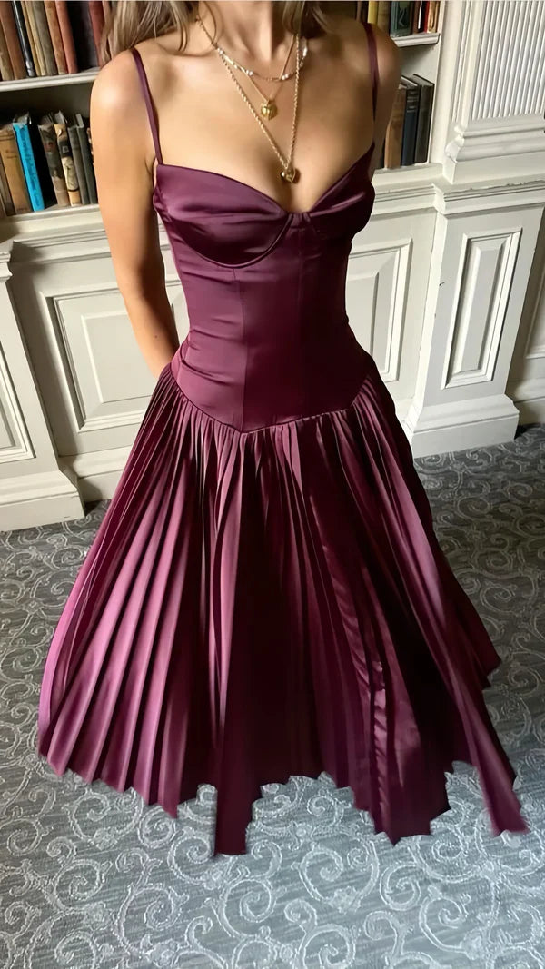 Stunning A Line Spaghetti Strap Pleated Dark Burgundy Satin Long Party Dress SH2921