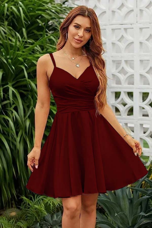 Pink Satin V Neck Spaghetti Strap Sleeveless Pleated Short Homecoming Dress YZTS072