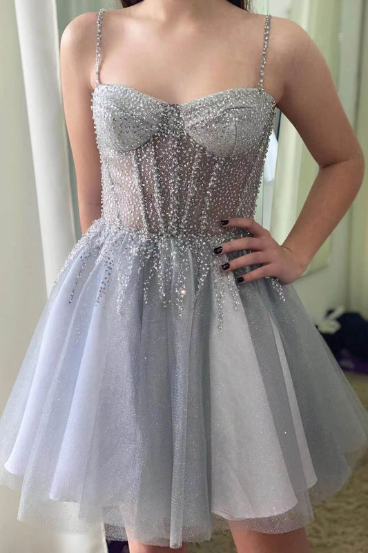Silver Gray Sleeveless Short Prom Dress Tulle Homecoming Dress with Sequins ED0200