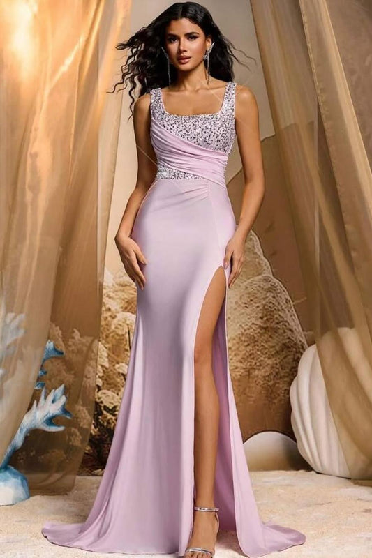 Charming Lilac Satin Wide Shoulder Straps Sleeveless Long Split Prom Dress with Sequins | Zelldresses