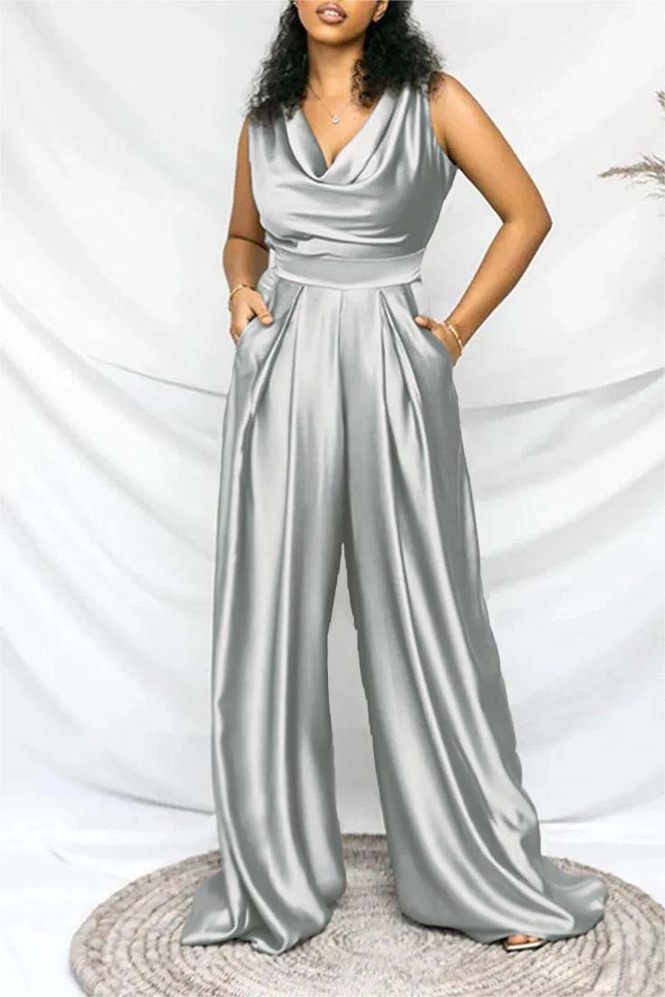 Hellodresses Exquisite Purple Satin V Neck Sleeveless Wid-Leg Long Jumpsuit with Pleated