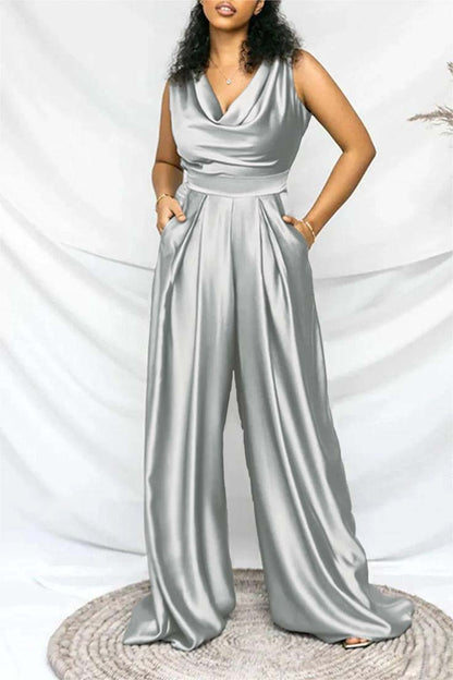 Hellodresses Exquisite Purple Satin V Neck Sleeveless Wid-Leg Long Jumpsuit with Pleated