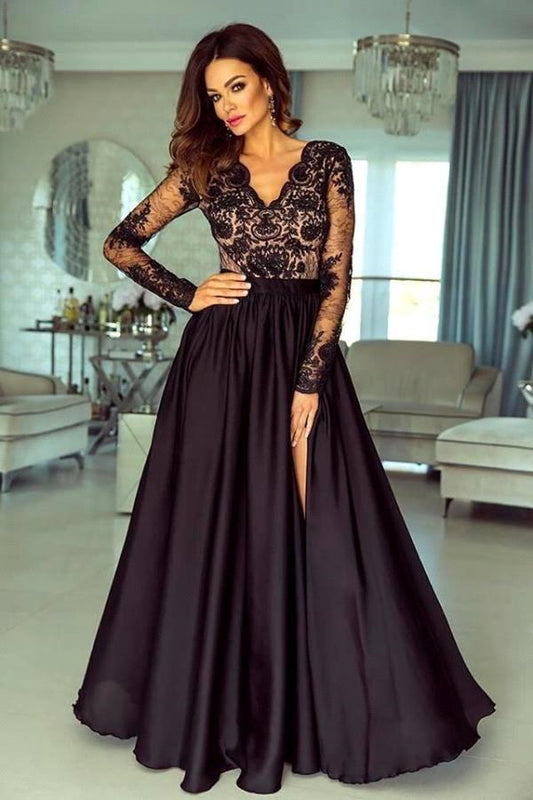 Long Sleeves Black Prom Dress with Split PD0484