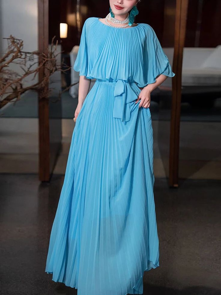 Gentle A Line Round Neck Blue Pleated Chiffon Long Evening Dress Party Dresses SH2905