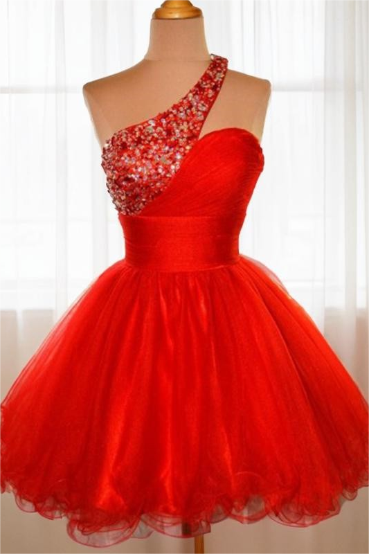 Red Tulle Sleeveless One Shoulder Ruffles Short Homecoming Dress with Sequins