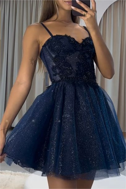 Dark Navy Spaghetti Strap Sleeveless Short A-Line Homecoming Dress With Appliques