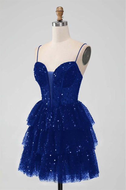 Black Sequins Spaghetti Strap Sleeveless Short Homecoming Dress With Ruffles HC0017