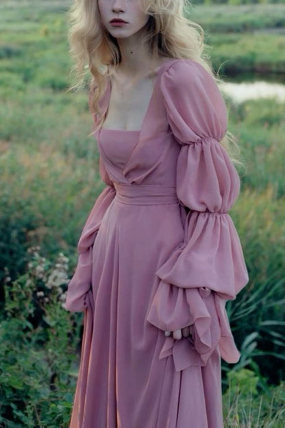 zelldressess-Vintage elegant long sleeve A-line pink chiffon formal prom dress prom dress gh5751